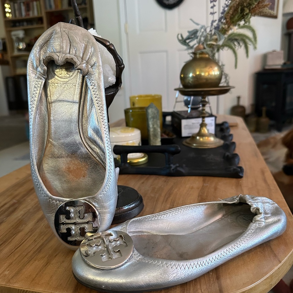 Tory Burch Silver Ballet Flats size 6.5. Used, worn condition